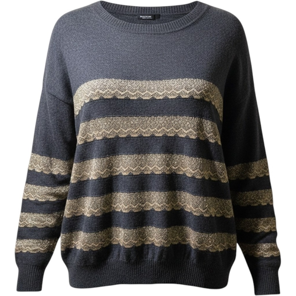 VIP Women's Gray Lace Stripe Angora Blend Sweater Size M Long Sleeve Crew Neck